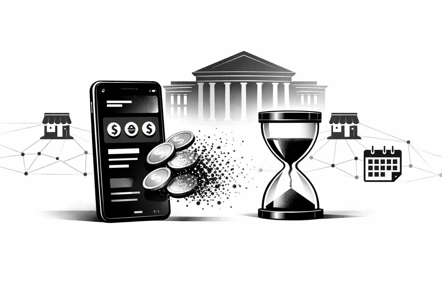 Smartphone wallet with fading digital tokens and hourglass symbolizing expiring CBDC stimulus
