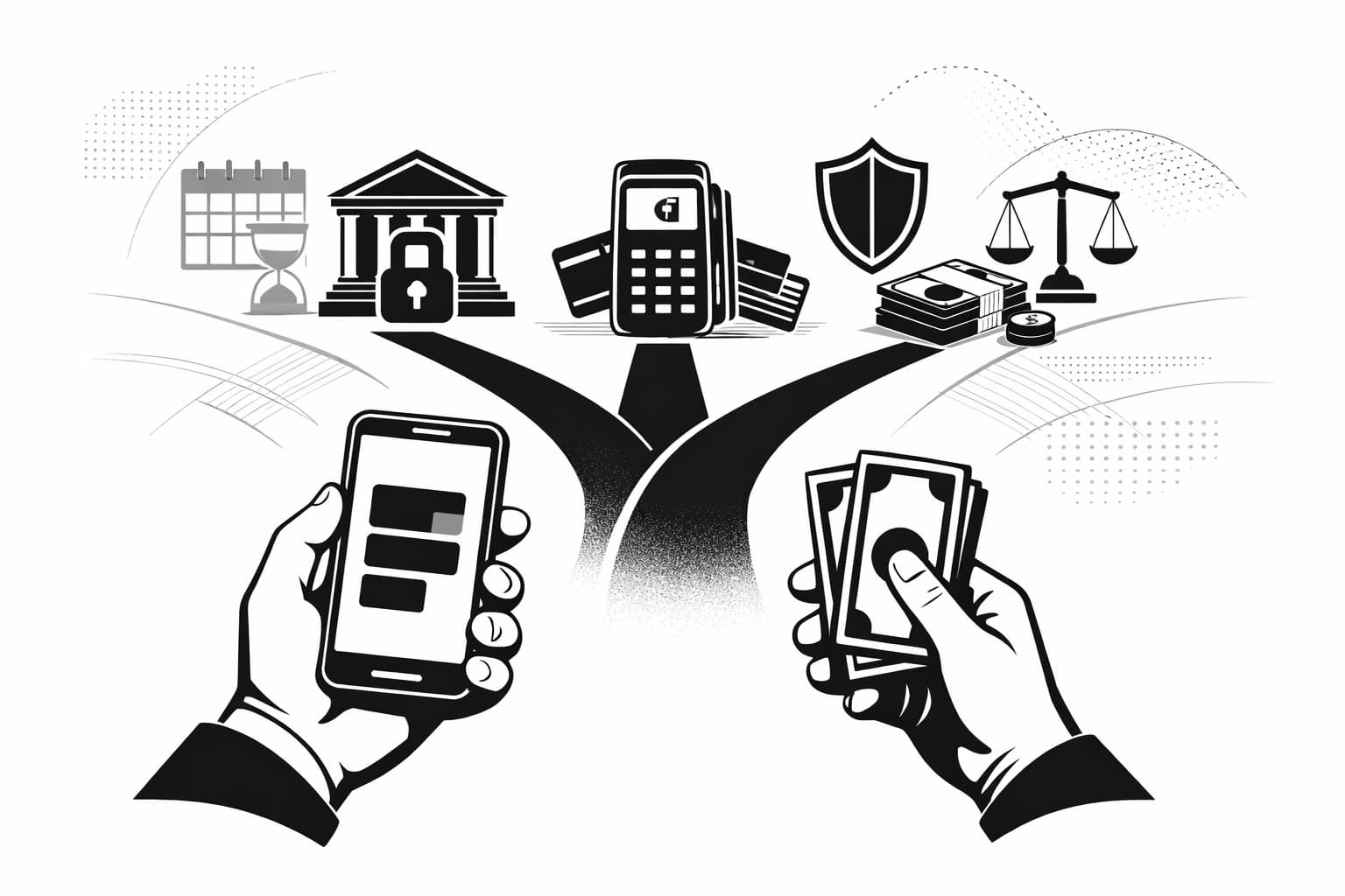 Hands holding smartphone wallet and cash, symbolizing payment choice and CBDC future