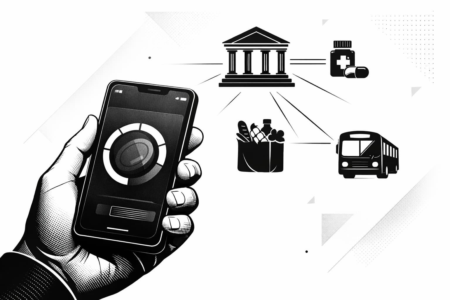 Smartphone wallet with fading digital coin and targeted merchant category icons