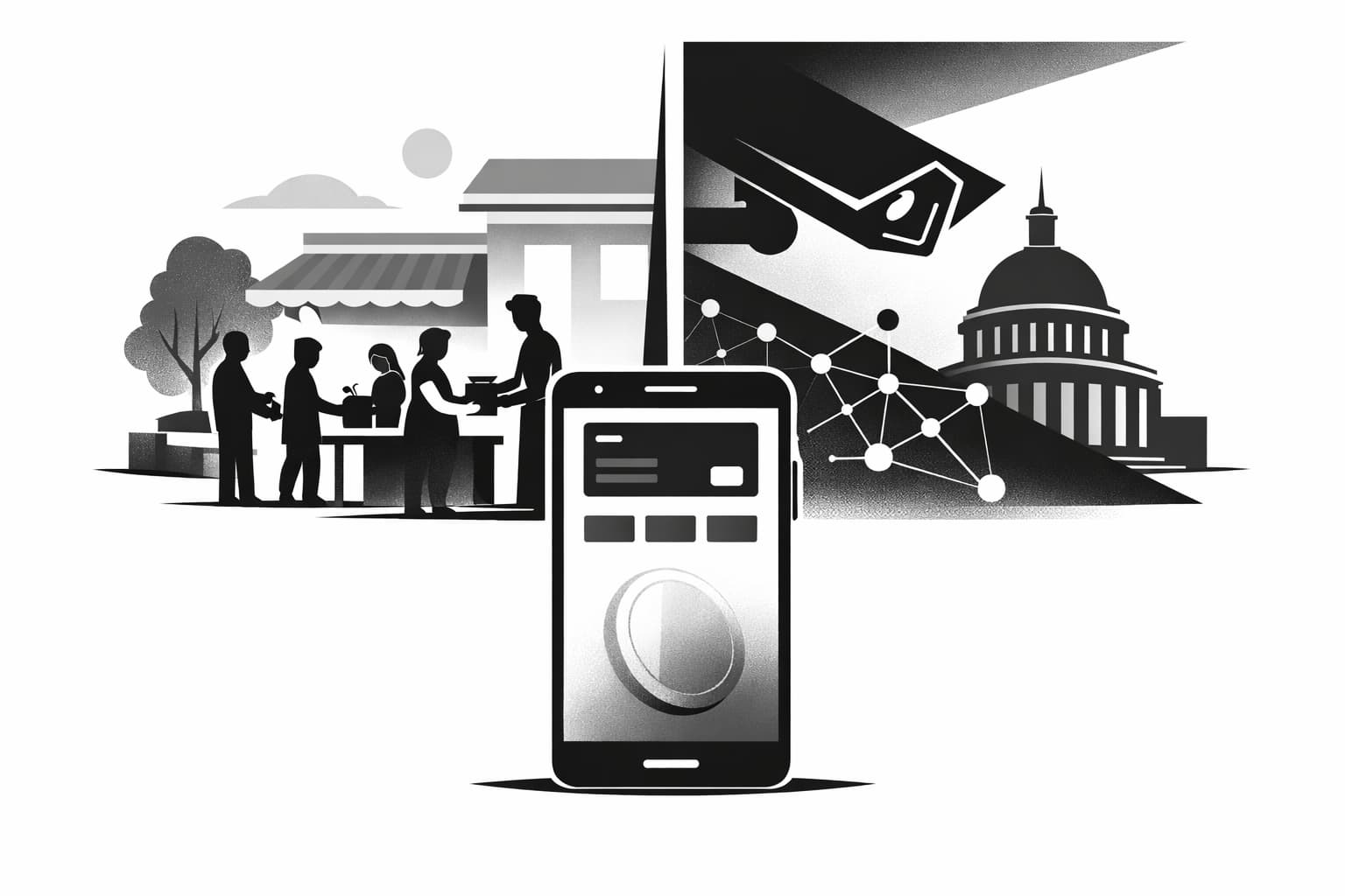 Illustration of expiring digital wallet money contrasted with surveillance and oversight symbols