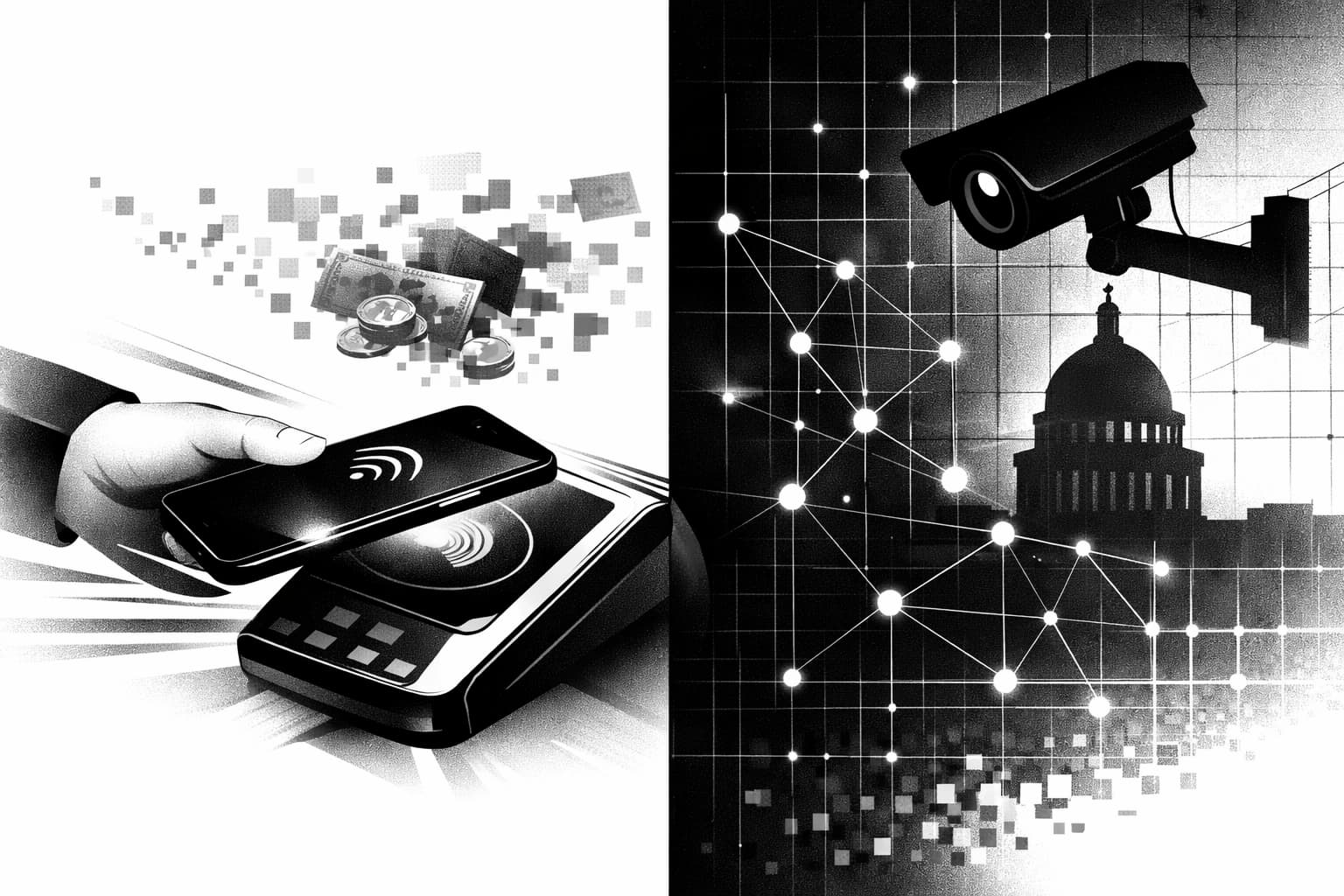 Smartphone payment contrasted with surveillance grid and fading cash in background