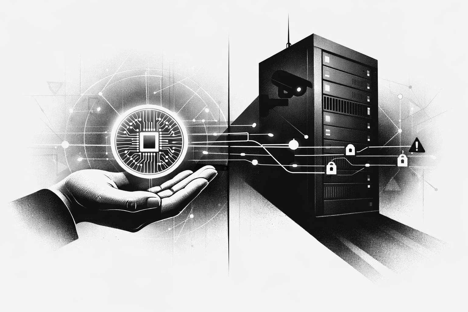 Hand holding digital coin overshadowed by central server suggesting state financial control