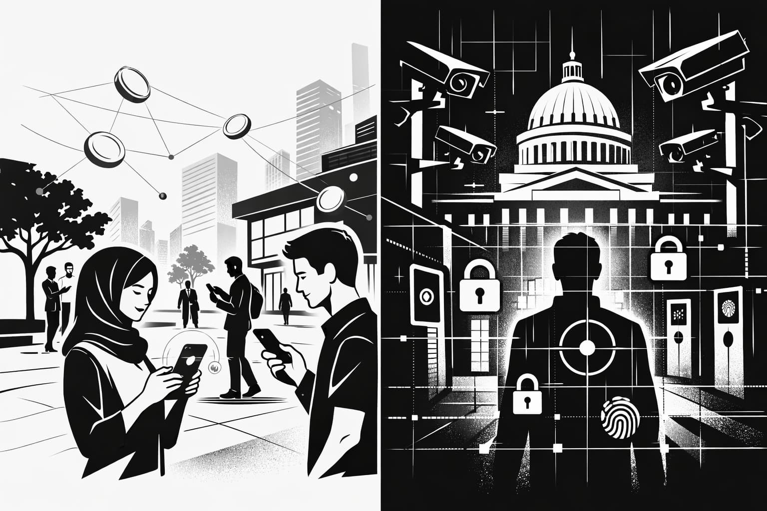 Split illustration contrasting citizen-centered digital money with surveillance-driven state control