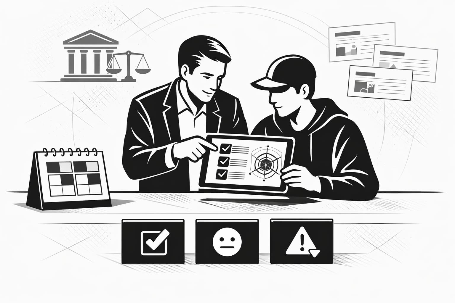 Mentor guiding a user reviewing CeFi risk scores, calendar, and diversification icons