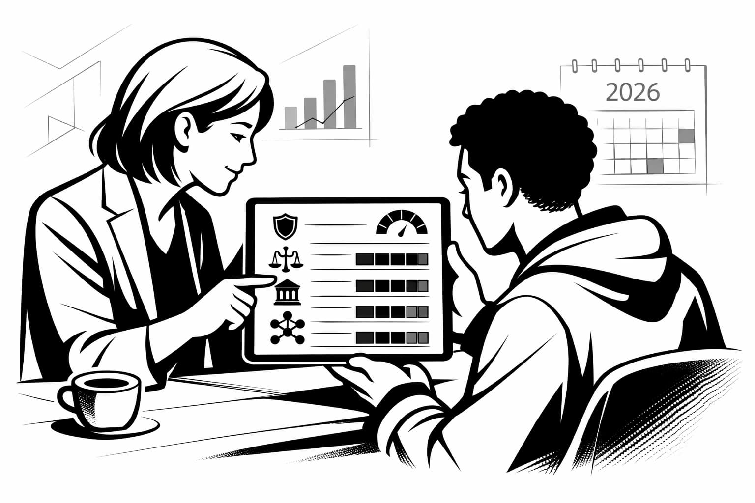 Mentor and user reviewing a CeFi platform risk scoring checklist on tablet