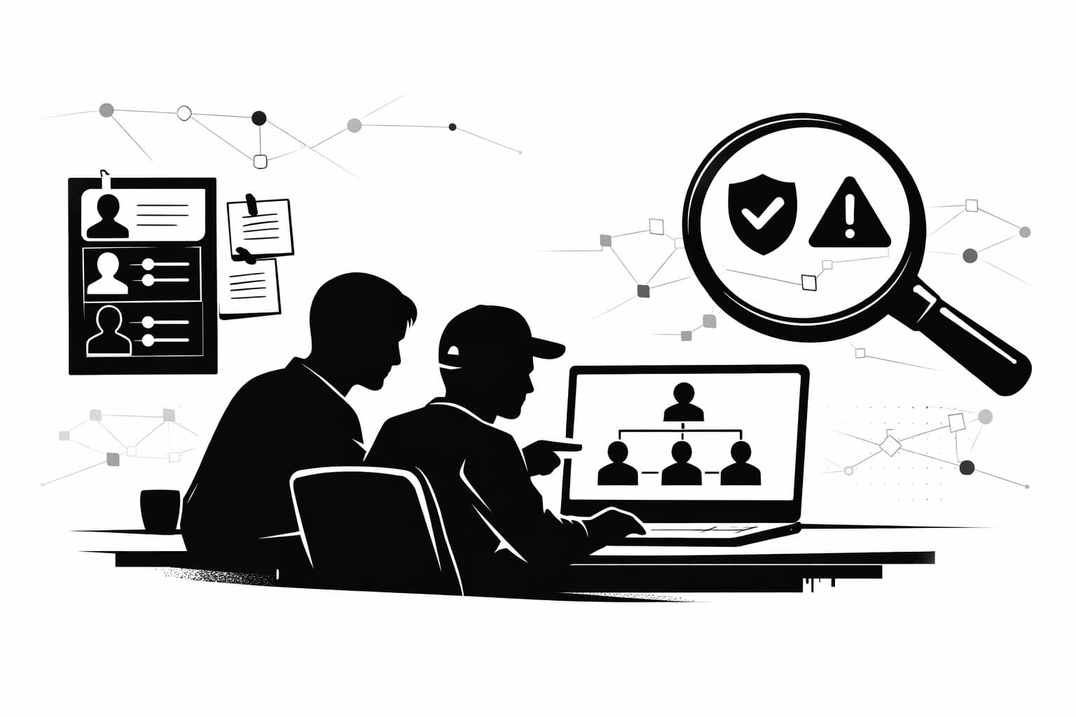 Mentor and investor reviewing founder profiles, ownership chart, and risk indicators