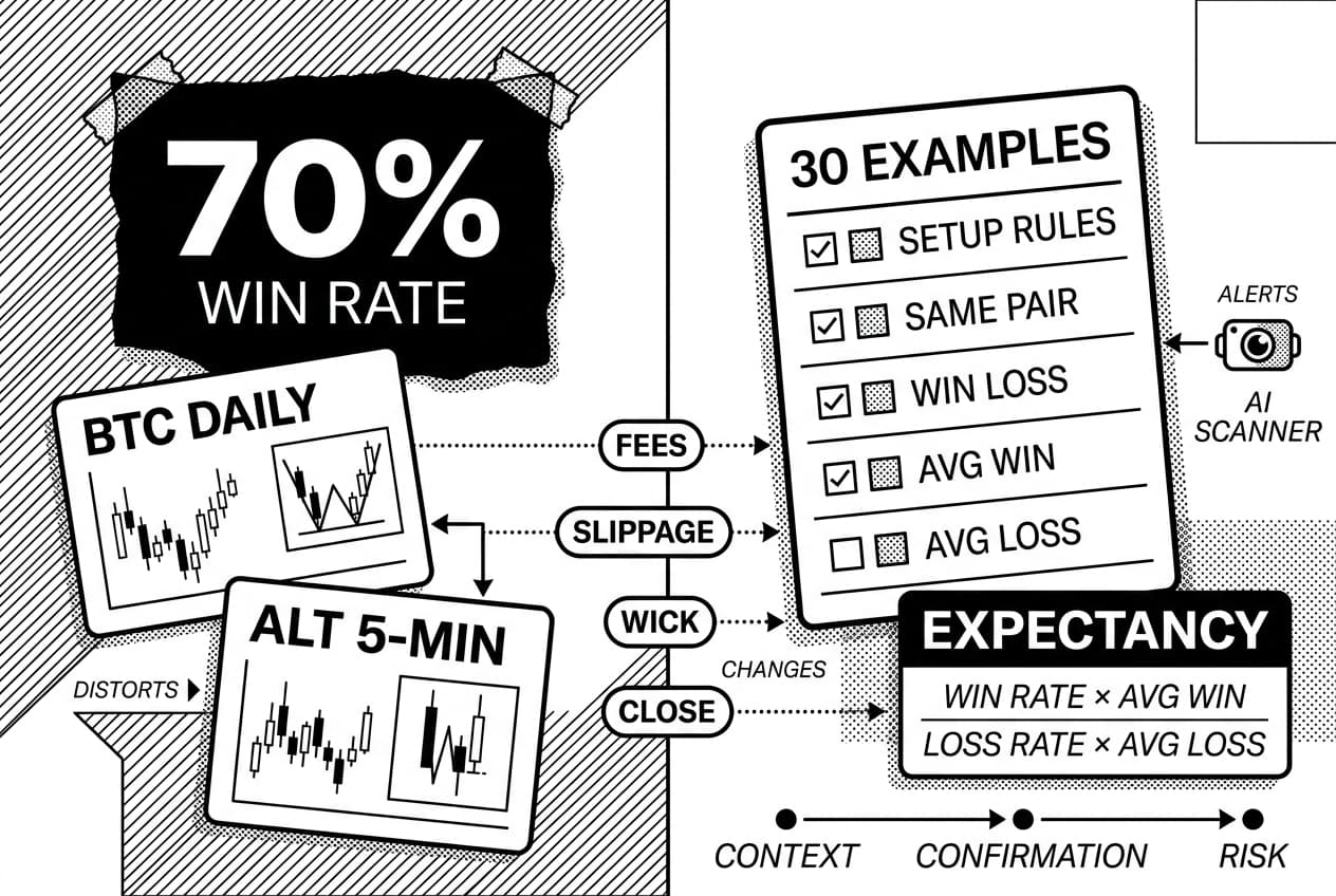 Infographic comparing chart patterns for crypto trading claims with BTC DAILY and ALT 5-MIN testing.