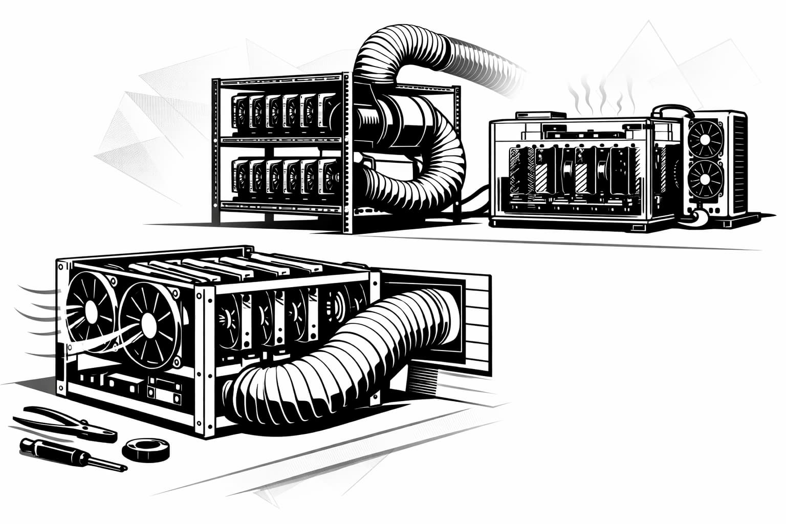 DIY mining rigs showing air cooling, ventilation ducting, and immersion tank progression