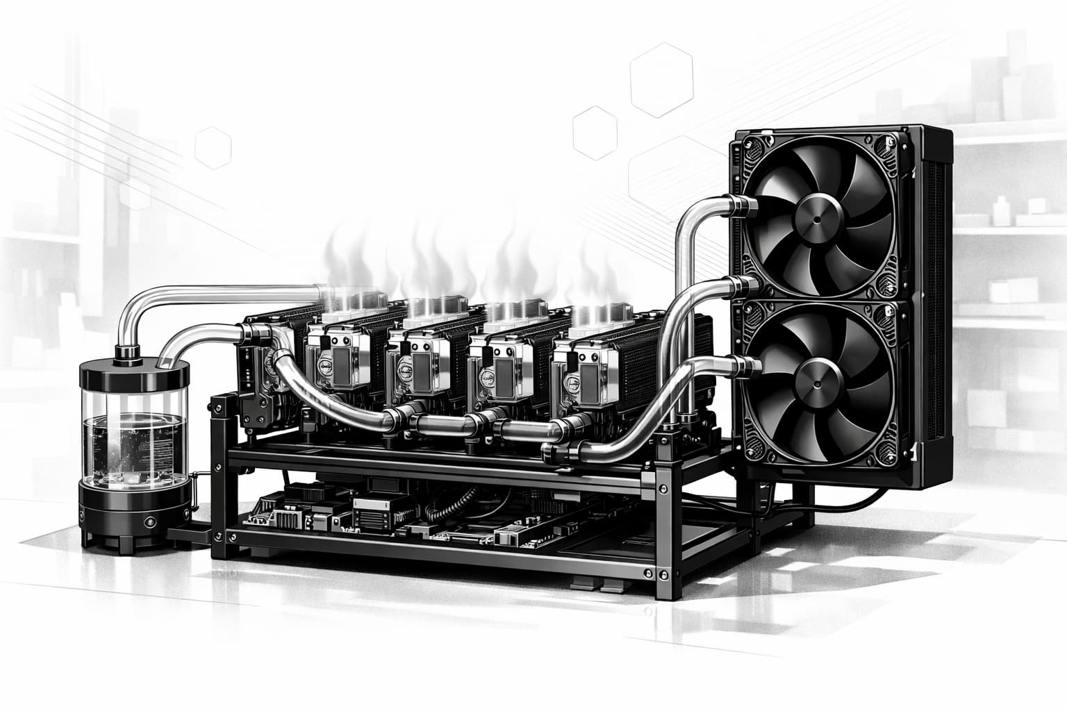 Liquid-cooled mining rig with GPU water blocks, tubing, pump, and radiator