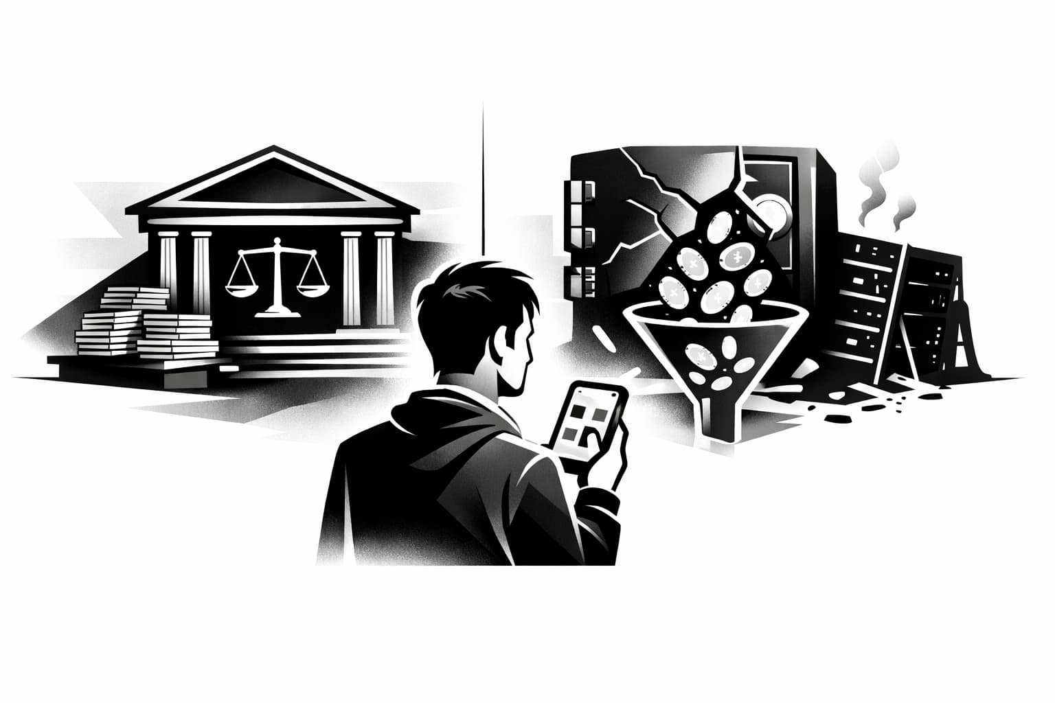 Illustration of crypto user facing bankruptcy court process and digital asset recovery