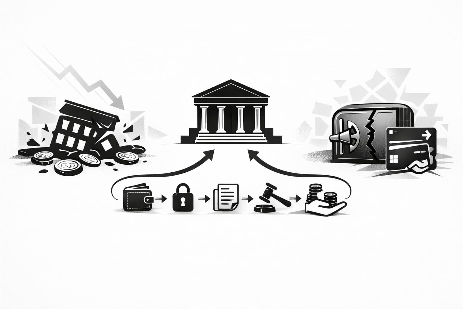Illustration of FTX and Celsius bankruptcy lessons with legal process icons