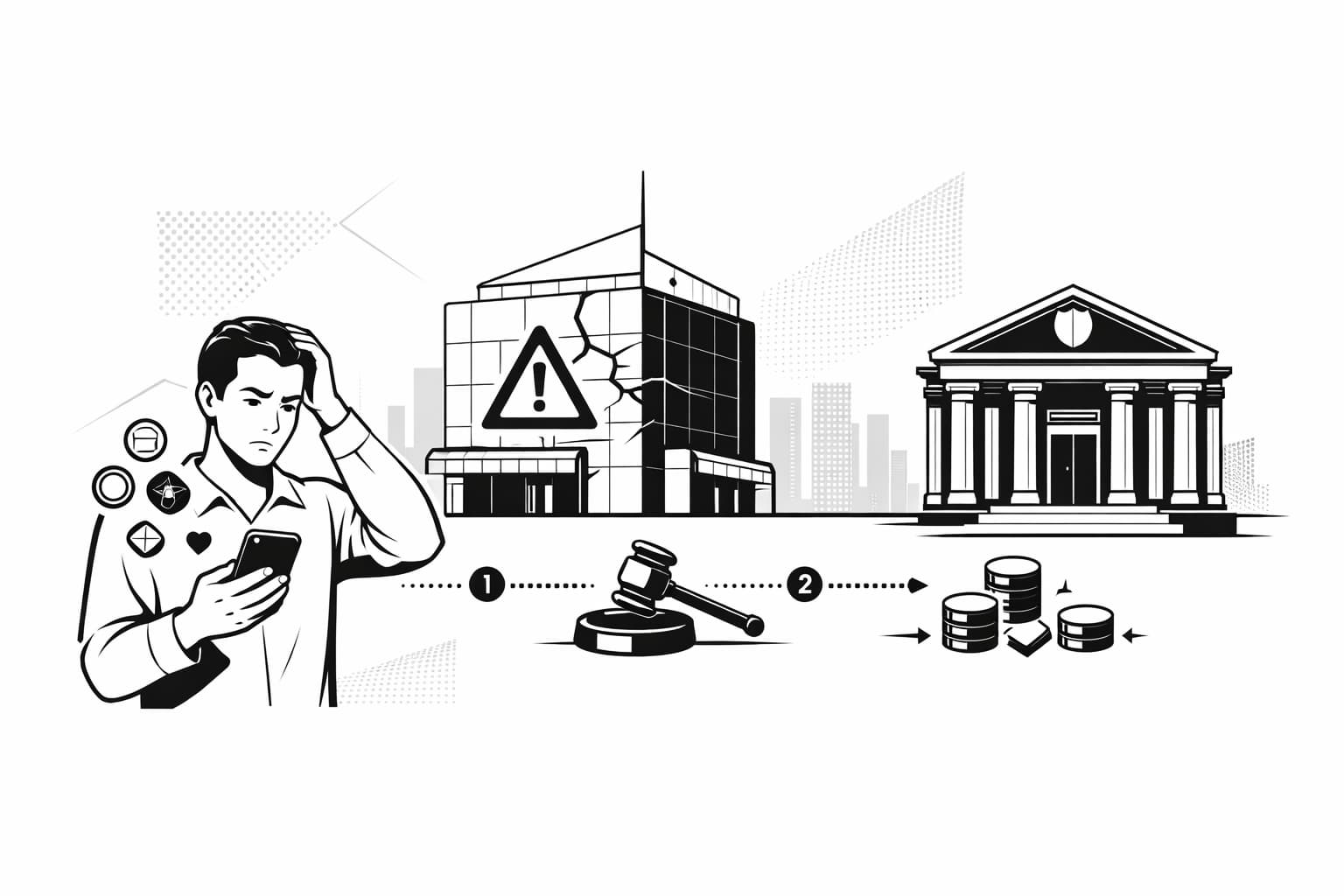 User with smartphone facing failed crypto exchange and bankruptcy court process