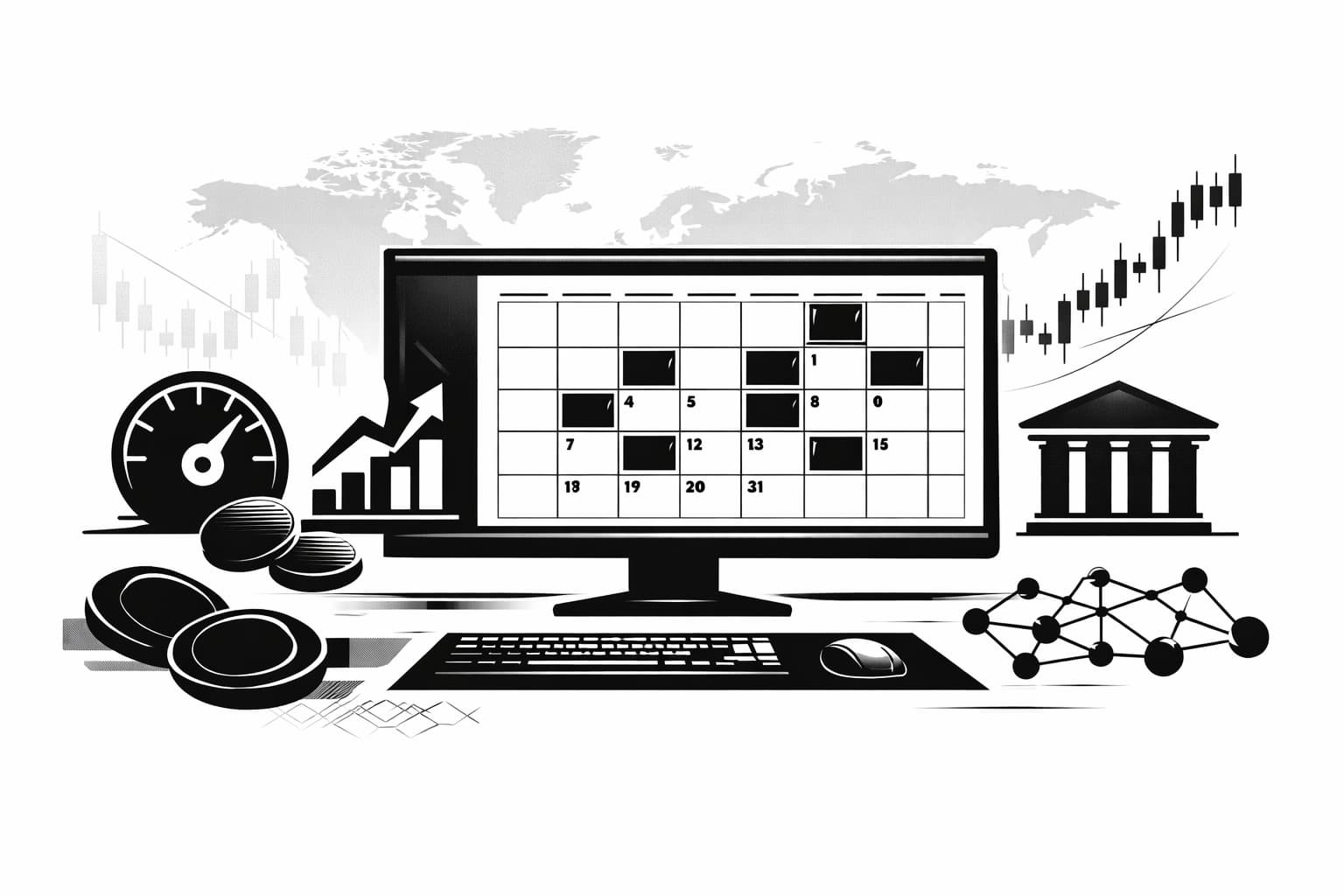 Crypto economic calendar dashboard with macro indicators and global market visuals