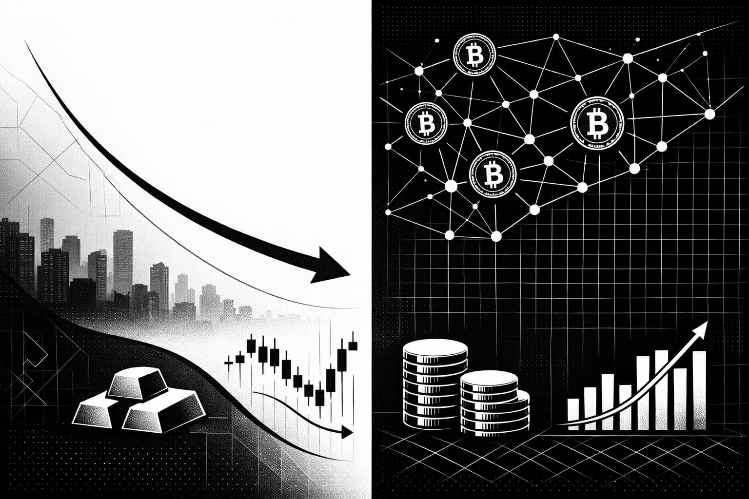 Illustration comparing crypto, gold, and equities during a recessionary market shift