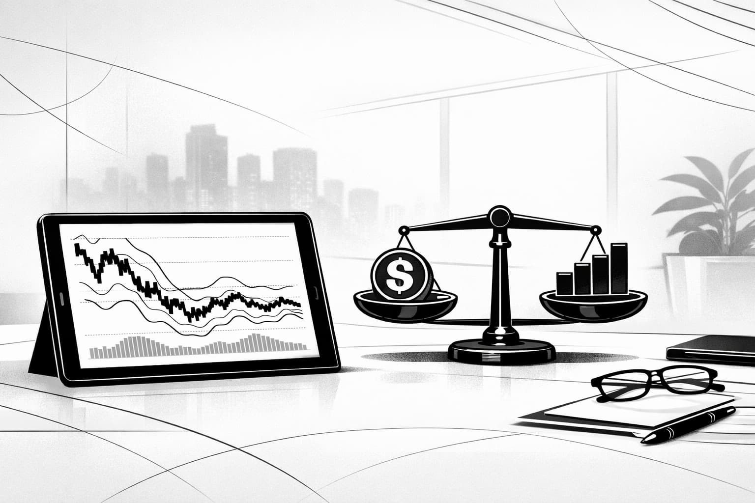 Investor desk comparing crypto, equities, and gold risk during downturns
