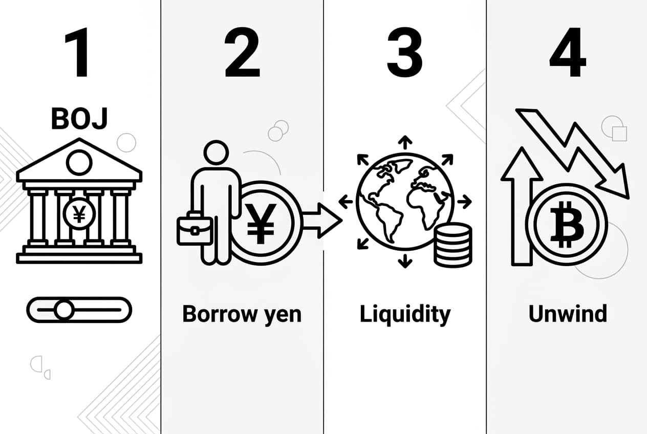 Four-panel BOJ yen carry trade diagram showing borrowing yen, liquidity flow, and Bitcoin unwind risk.