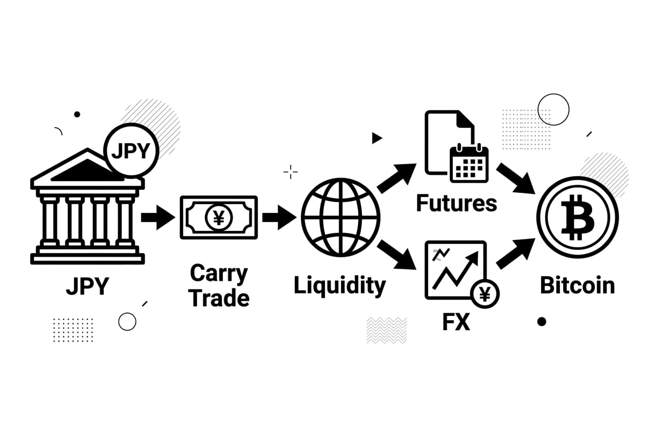 Monochrome flow diagram showing JPY carry trade liquidity feeding futures and Bitcoin price.