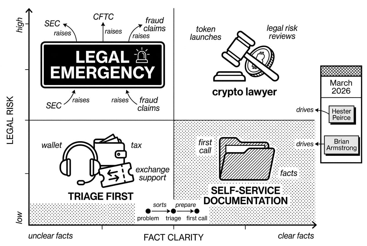 Crypto lawyer decision matrix showing LEGAL EMERGENCY with SEC, CFTC, Hester Peirce, Brian Armstrong.