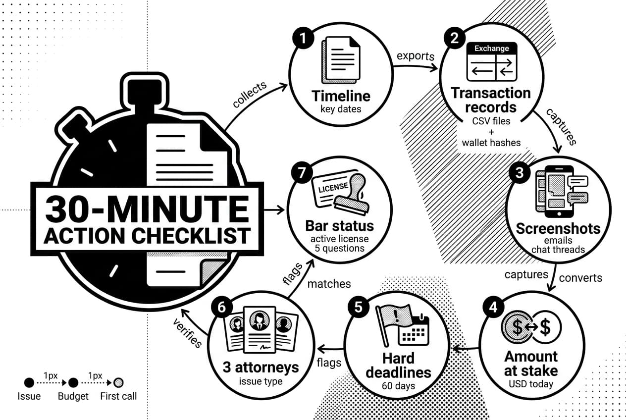 Monochrome crypto lawyer checklist infographic with stopwatch document and seven evidence steps.