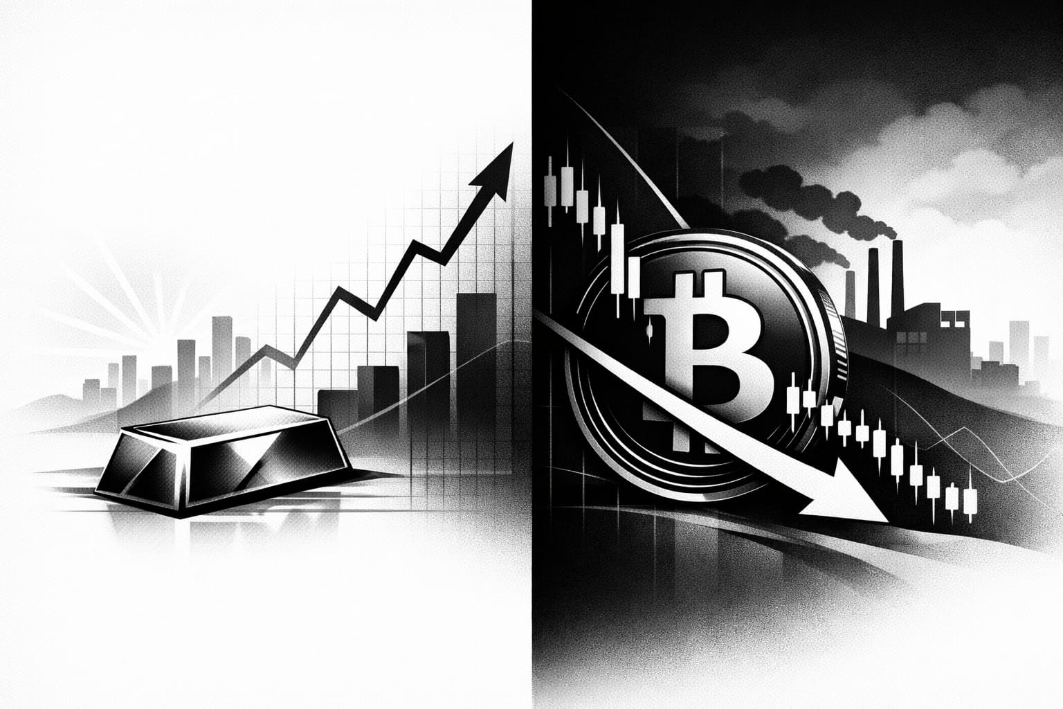 Bitcoin and traditional assets contrasted against recession-themed market charts and city skyline
