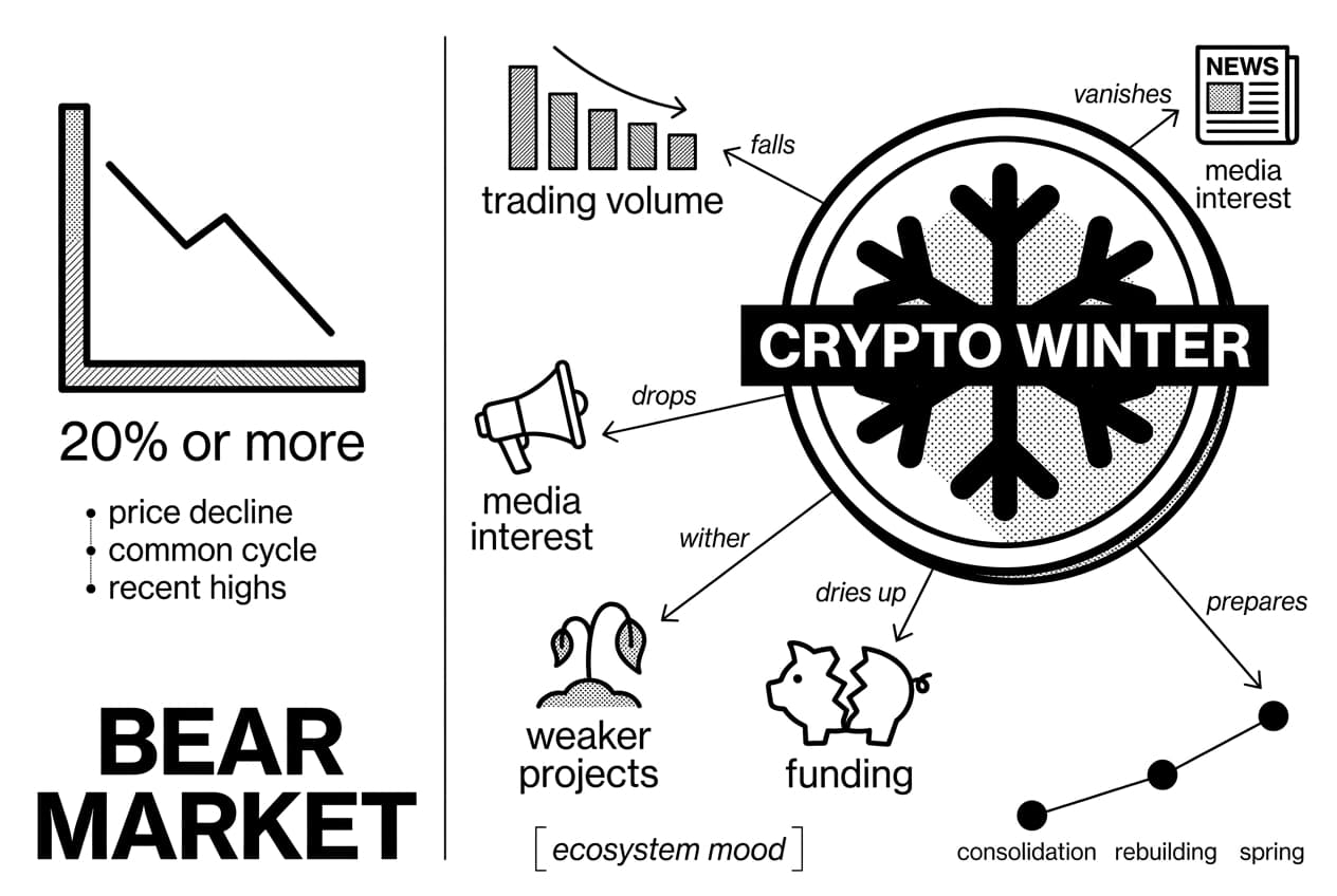 Split infographic comparing bear market and crypto winter signals with icons and labels.