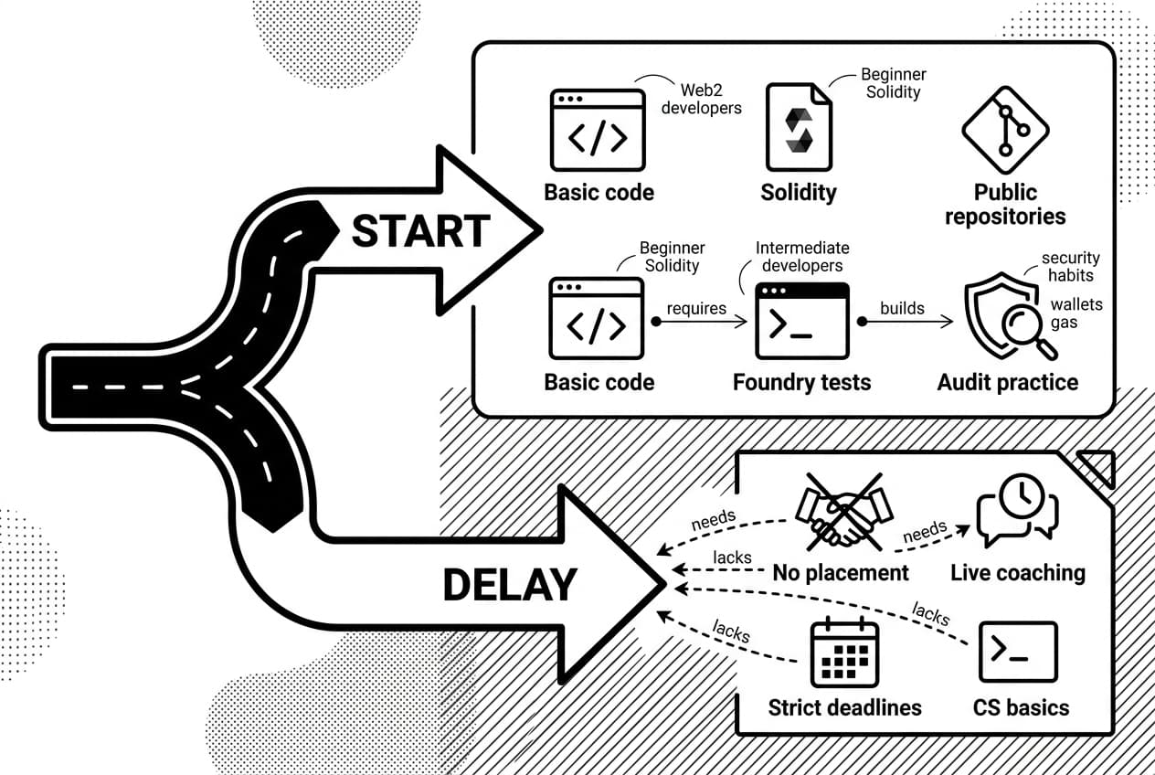 Monochrome Cyfrin Updraft review infographic showing start versus delay paths for developers