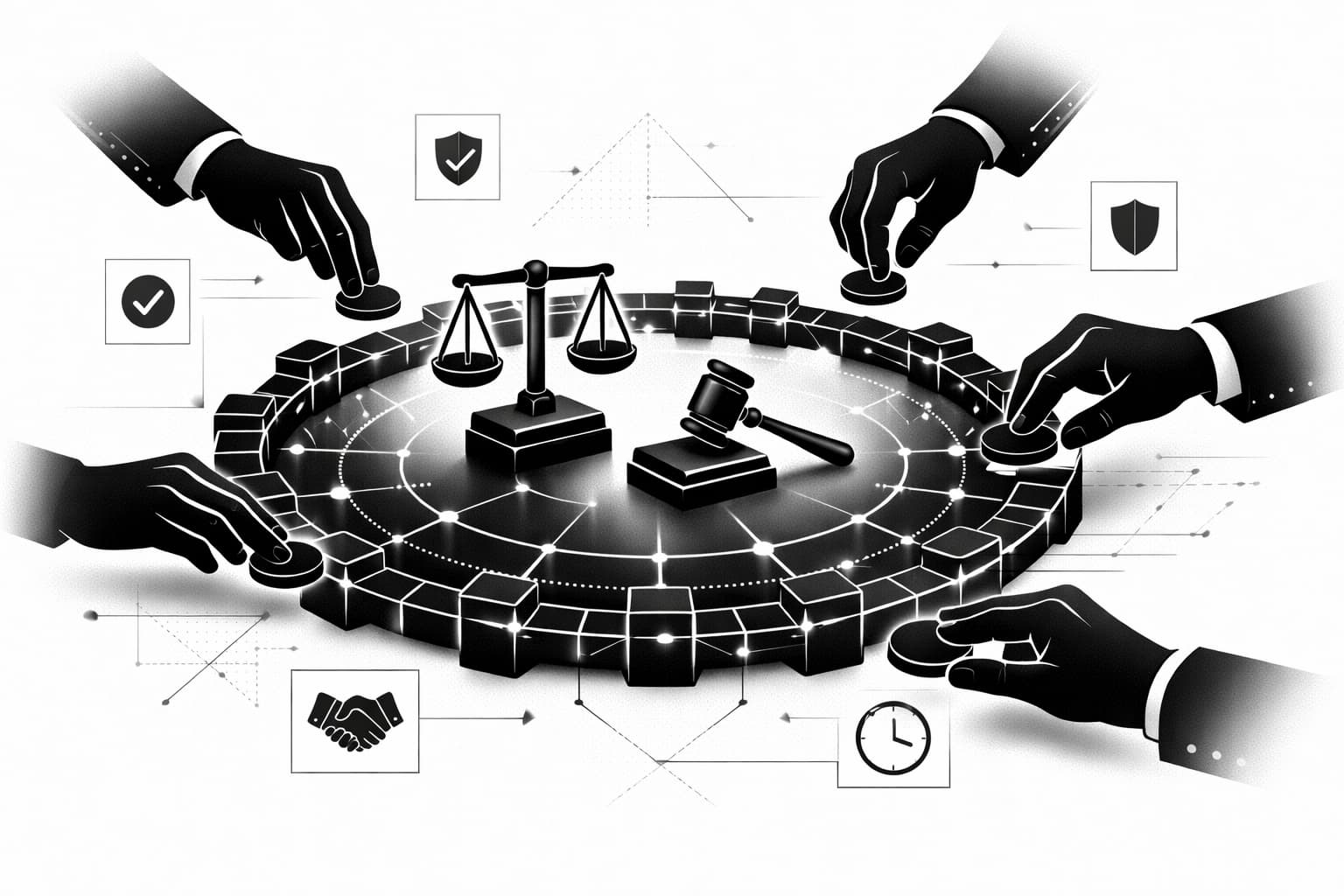 Futuristic DAO governance table with arbitration symbols and connected blockchain nodes