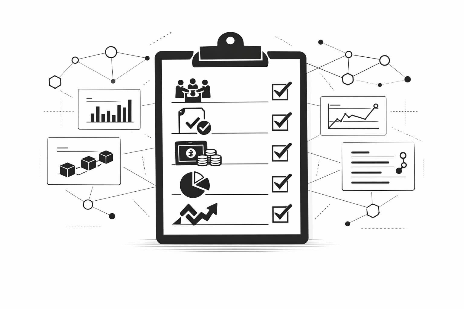 Checklist-style illustration of key DAO health metrics and trend indicators