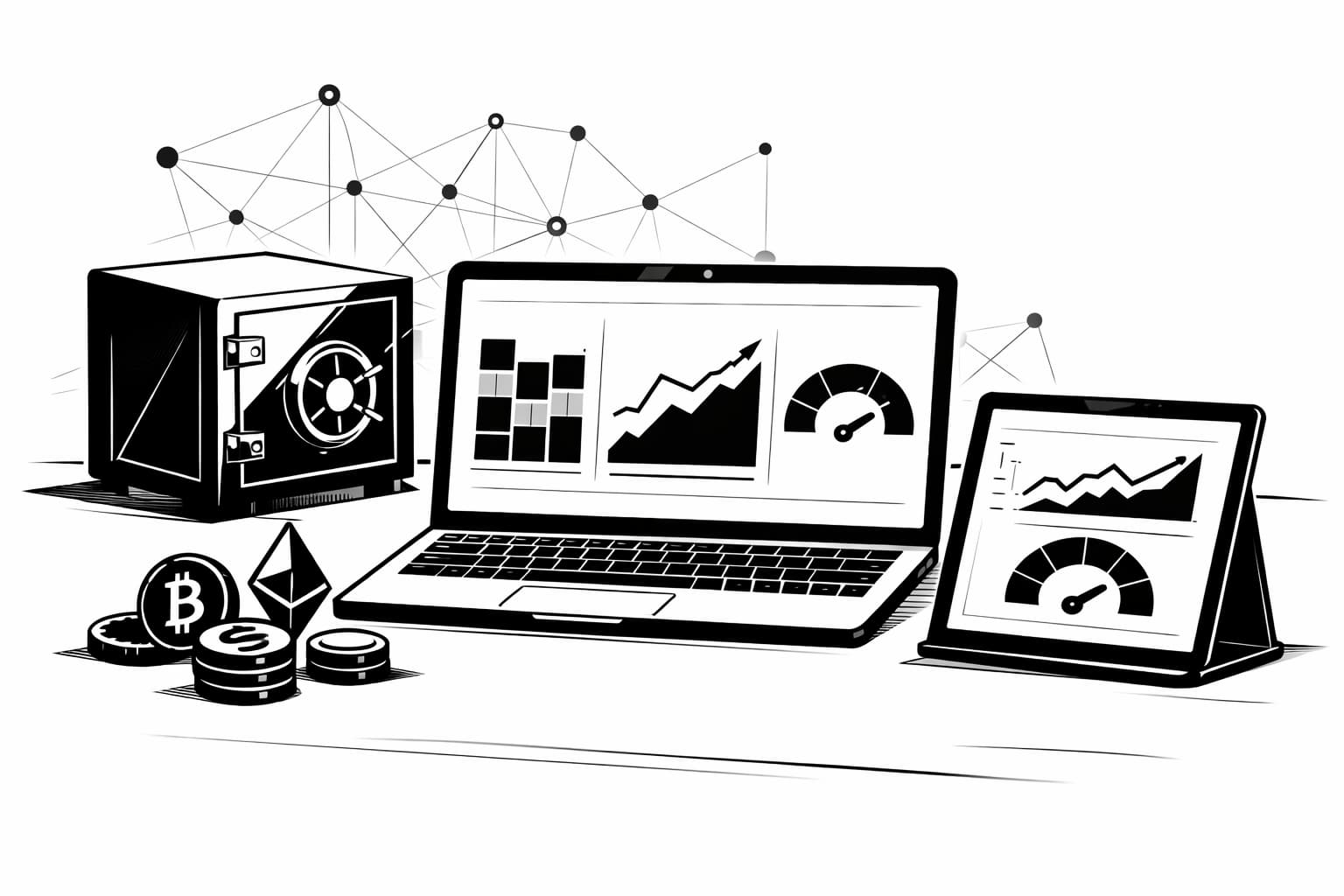 Illustration of a DAO treasury dashboard showing assets, runway, and trends