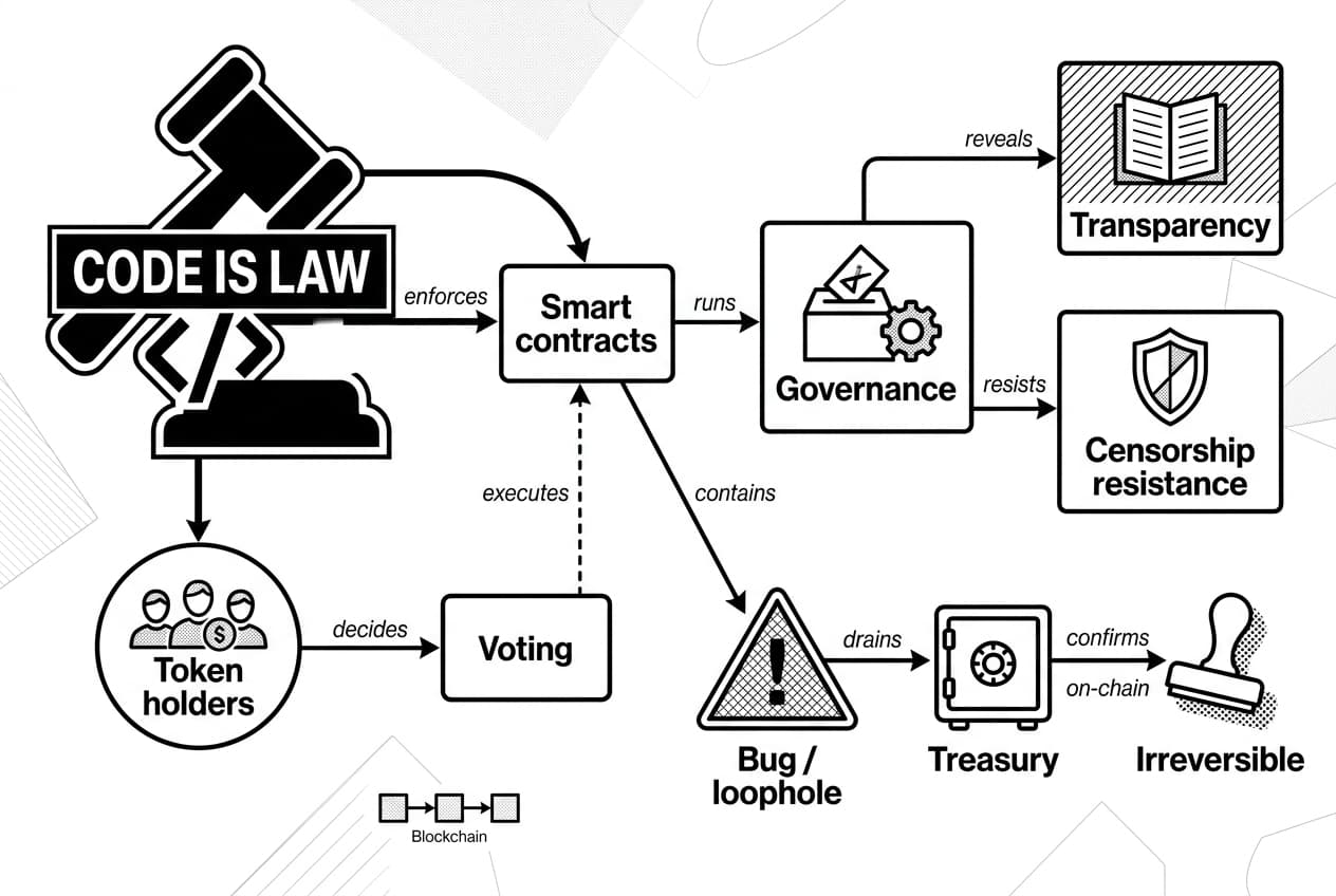 Monochrome DAO security diagram showing CODE IS LAW, voting, smart contracts, and treasury risk.