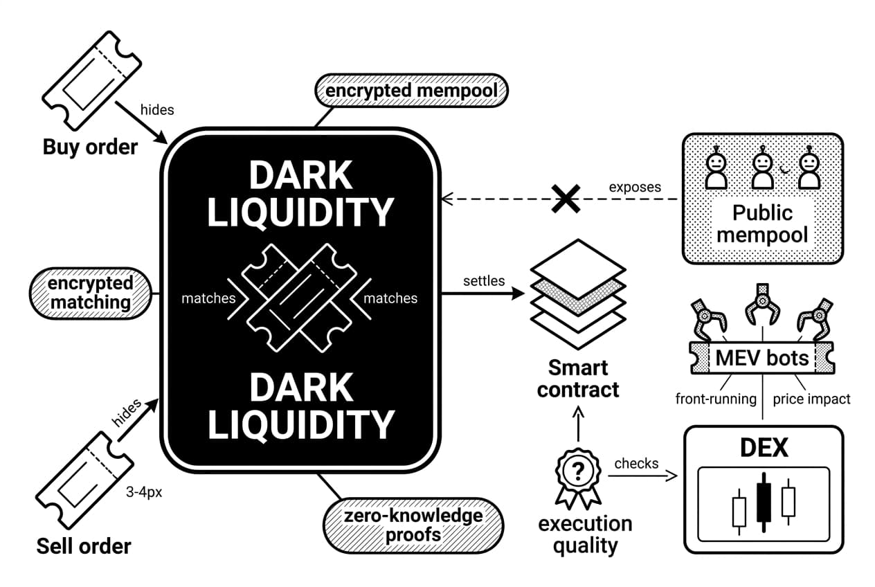 Diagram of dark liquidity pools in DeFi hiding orders from MEV bots and DEX.