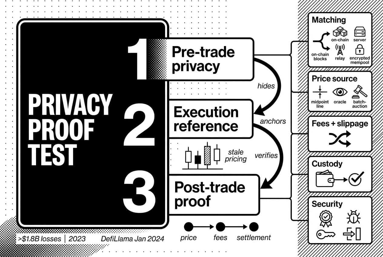 Monochrome dark liquidity pools in DeFi infographic showing privacy proof steps and DefiLlama warning.