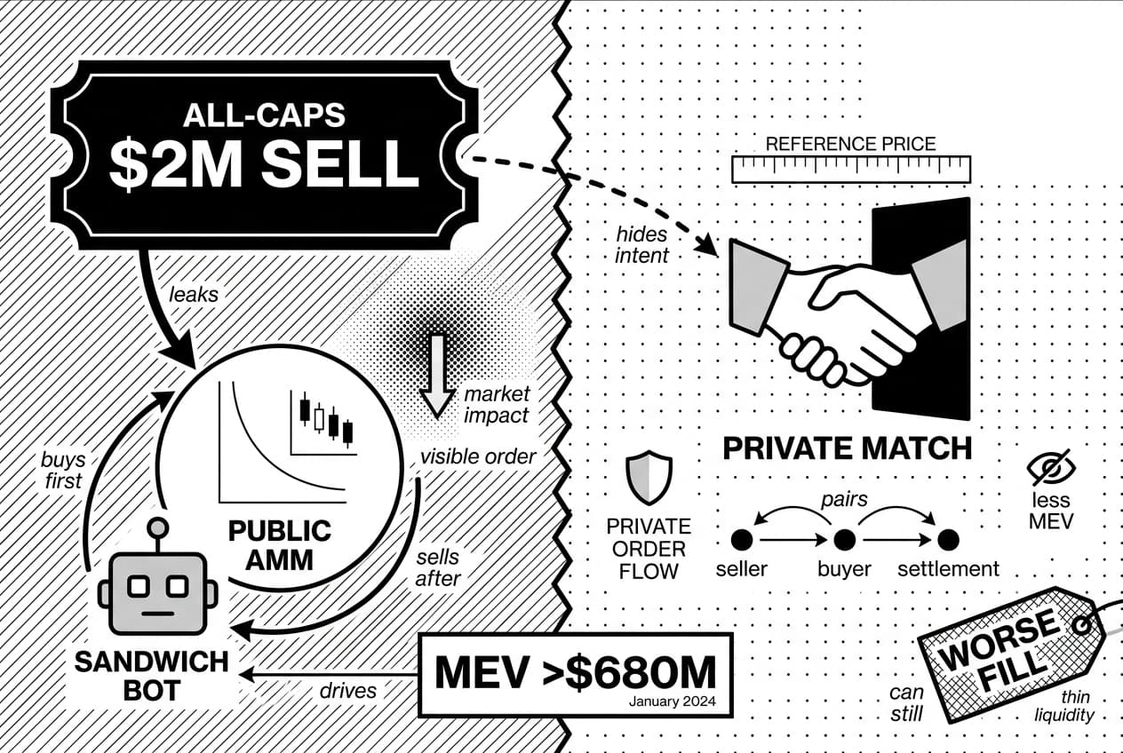 Infographic contrasting PUBLIC AMM leaks with PRIVATE MATCH dark liquidity pools in DeFi.