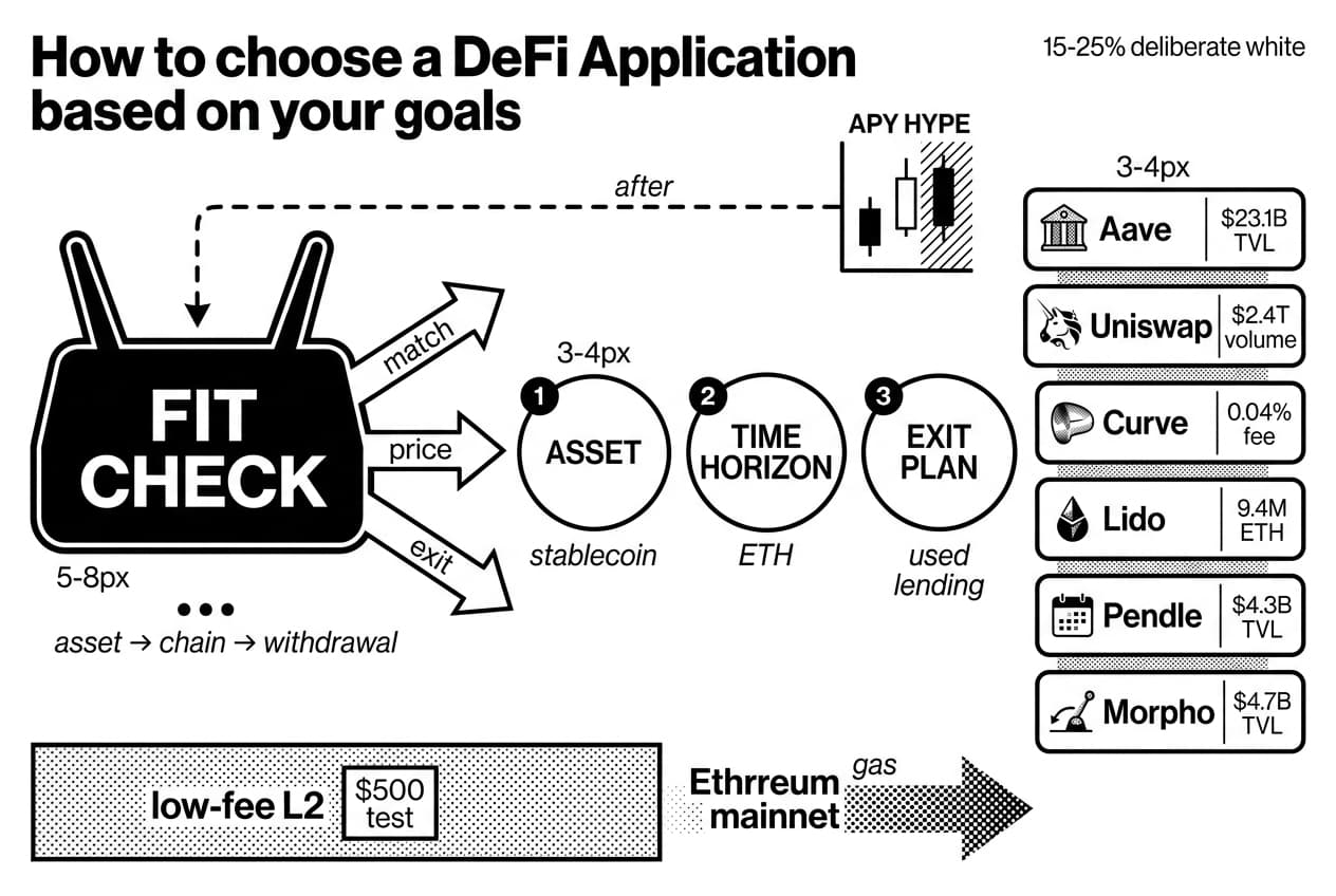 DeFi fit-check infographic shows ETH, Ethereum paths, and Aave, Uniswap, Curve, Lido, Pendle, Morpho.