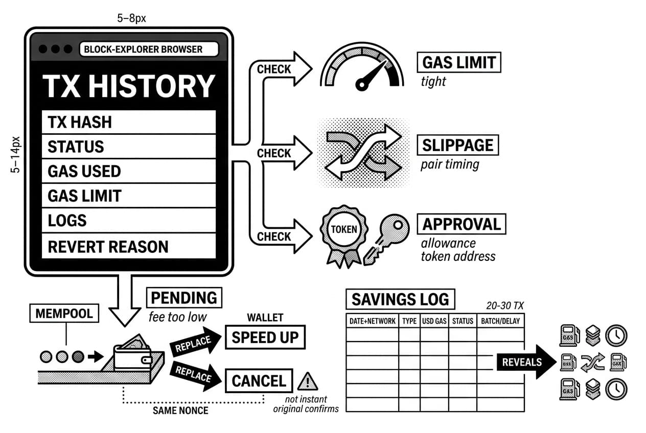 DeFi gas optimization infographic shows TX HISTORY checks for slippage, approvals, and pending transactions