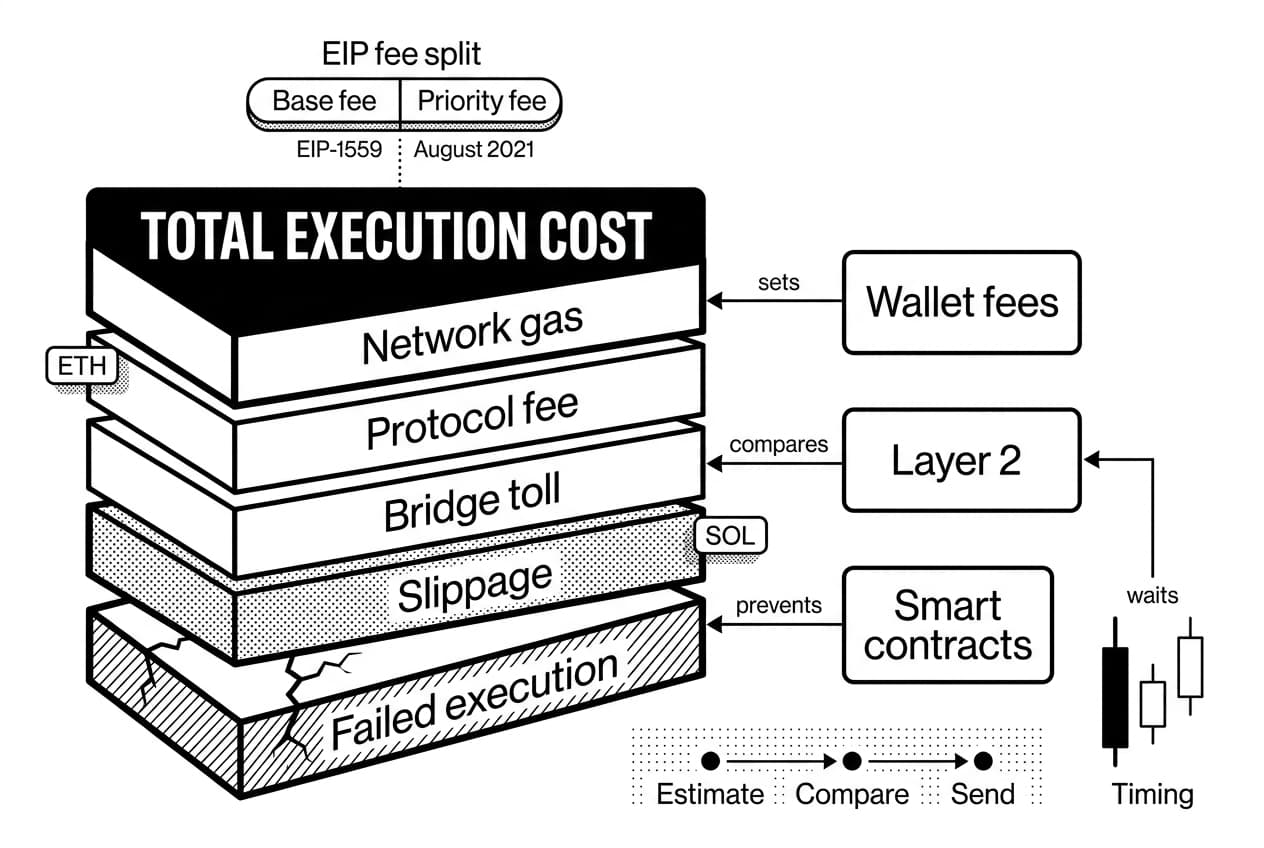 DeFi gas optimization stack showing EIP-1559 fees, ETH, SOL, and execution costs