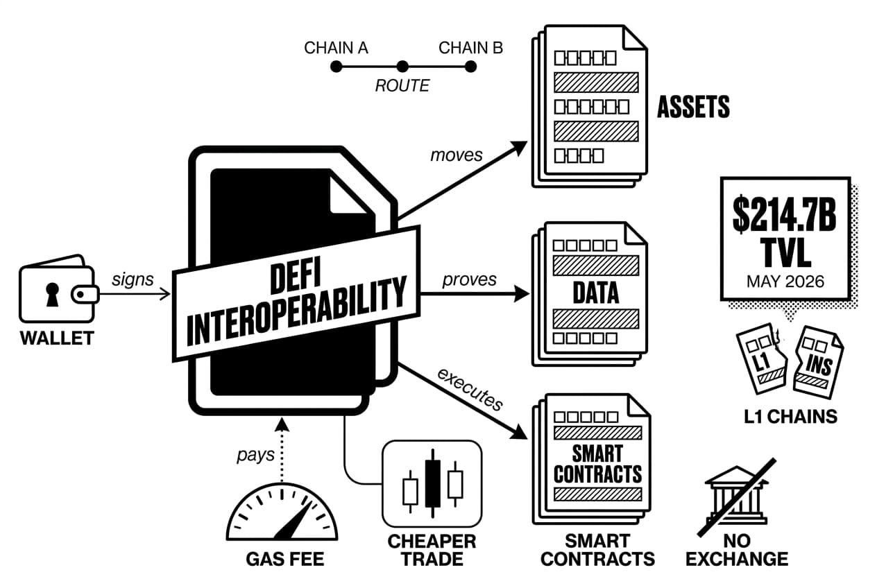 DeFi interoperability diagram shows hub routing assets, data, and smart contracts across chains.