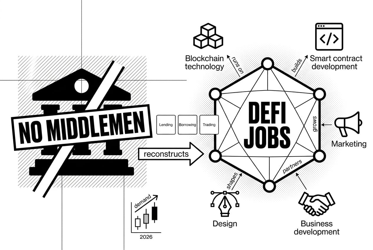 Monochrome infographic showing slashed bank, “NO MIDDLEMEN,” and DEFI JOBS network callouts.