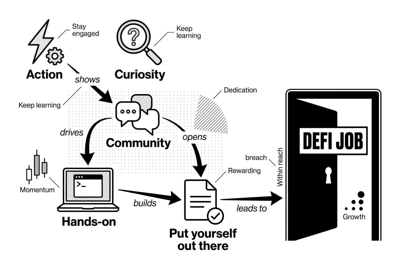 Monochrome flow diagram showing actions and community leading to an open DEFI JOB doorway.