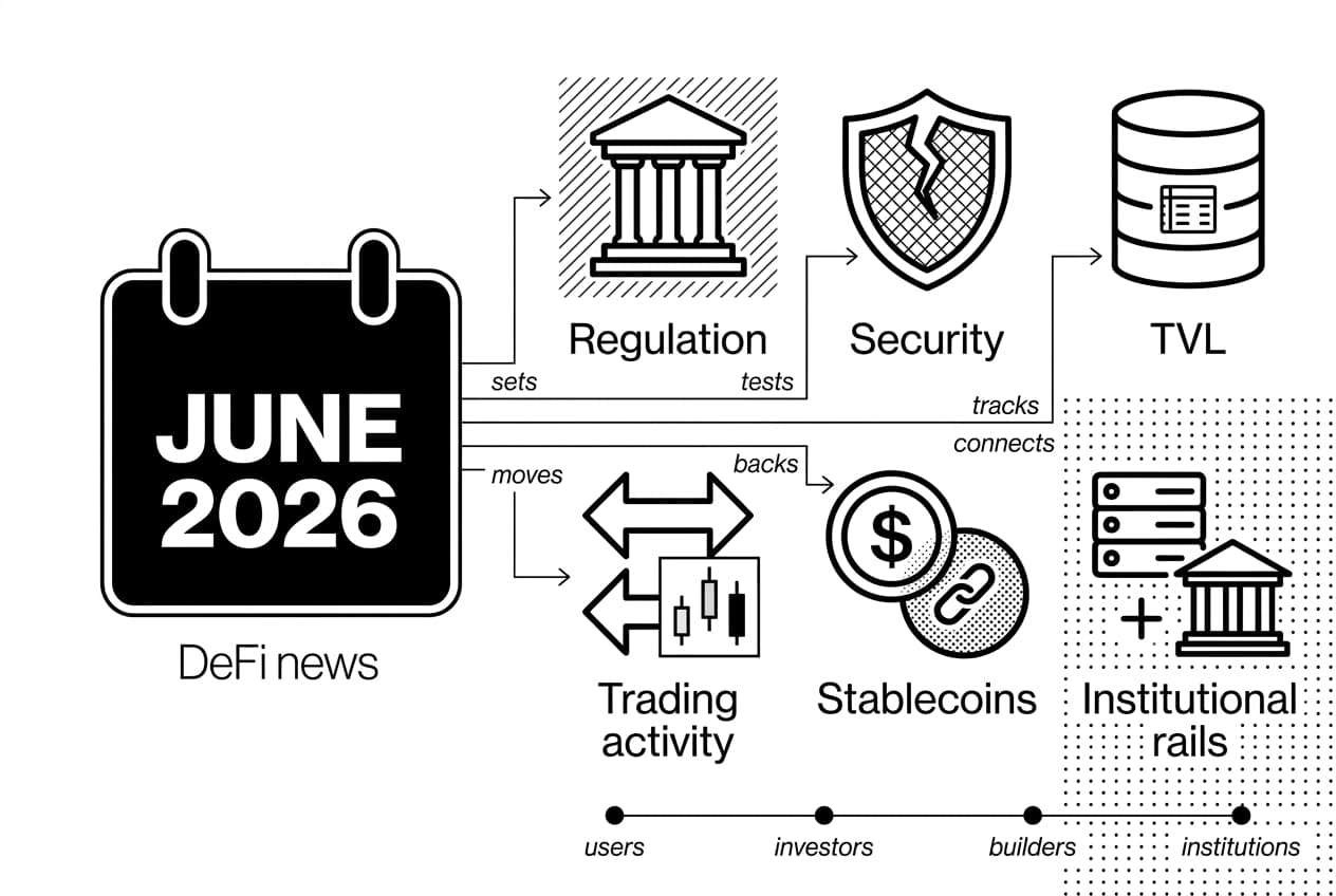 Monochrome DeFi news JUNE 2026 briefing icons around a calendar anchor