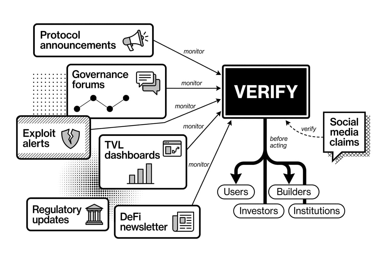 Monochrome DeFi news verification flow showing sources routed through a VERIFY checkpoint.