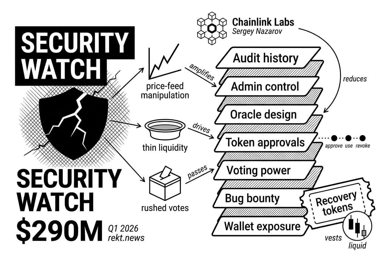 DeFi News security diagram shows rekt.news $290M, Chainlink Labs, Sergey Nazarov, protocol risks