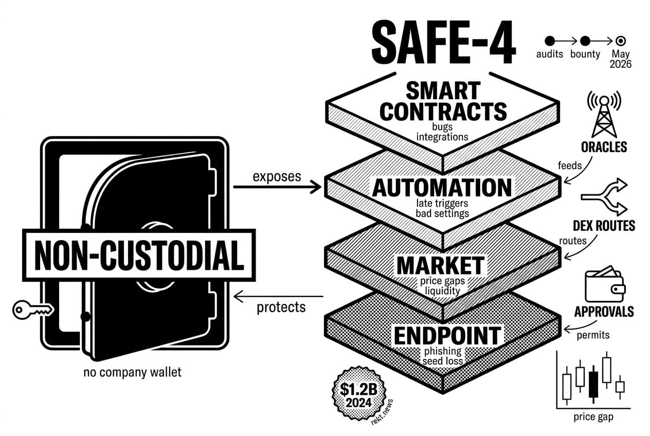 DeFi Saver non-custodial vault infographic showing smart contract, automation, market, and endpoint risks