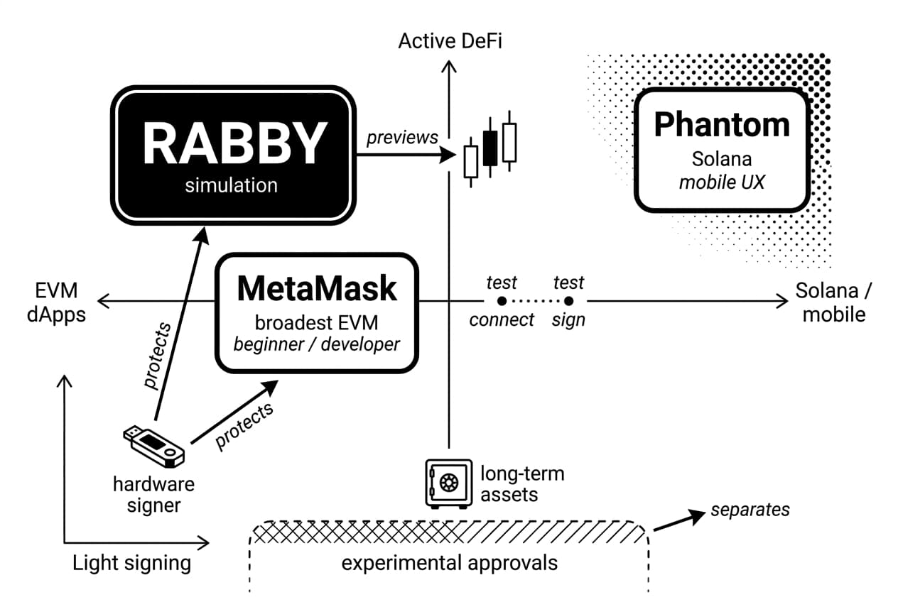 Matrix compares Rabby, MetaMask, and Phantom across EVM dApps, Solana, and DeFi use.