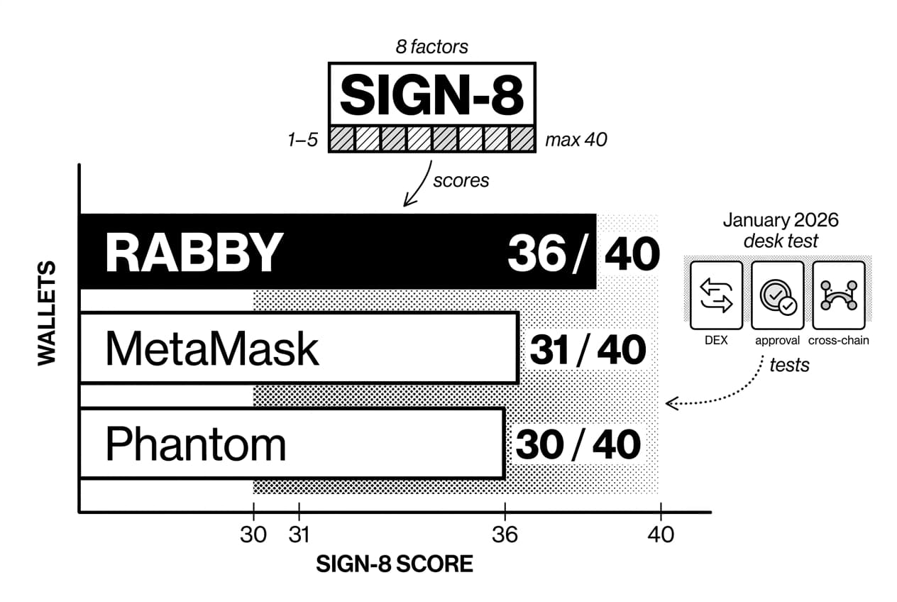 Monochrome SIGN-8 chart comparing Rabby, MetaMask, and Phantom DeFi wallet scores.