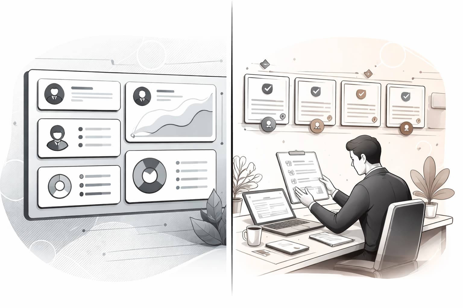 Split illustration comparing delegate assessment dashboard and professional governance delegate operator workflow