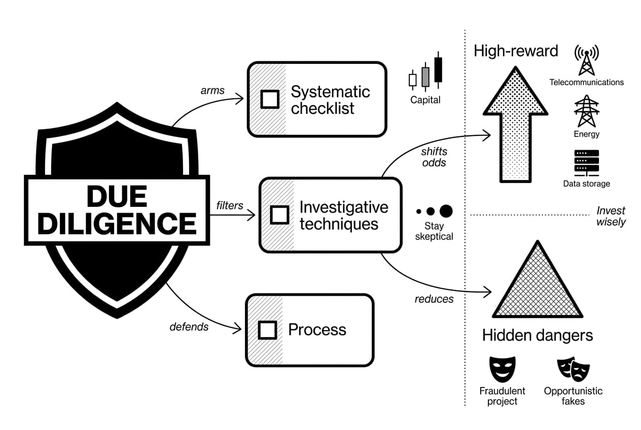 Monochrome due diligence shield with checklists and arrows showing DePIN scam red flags.