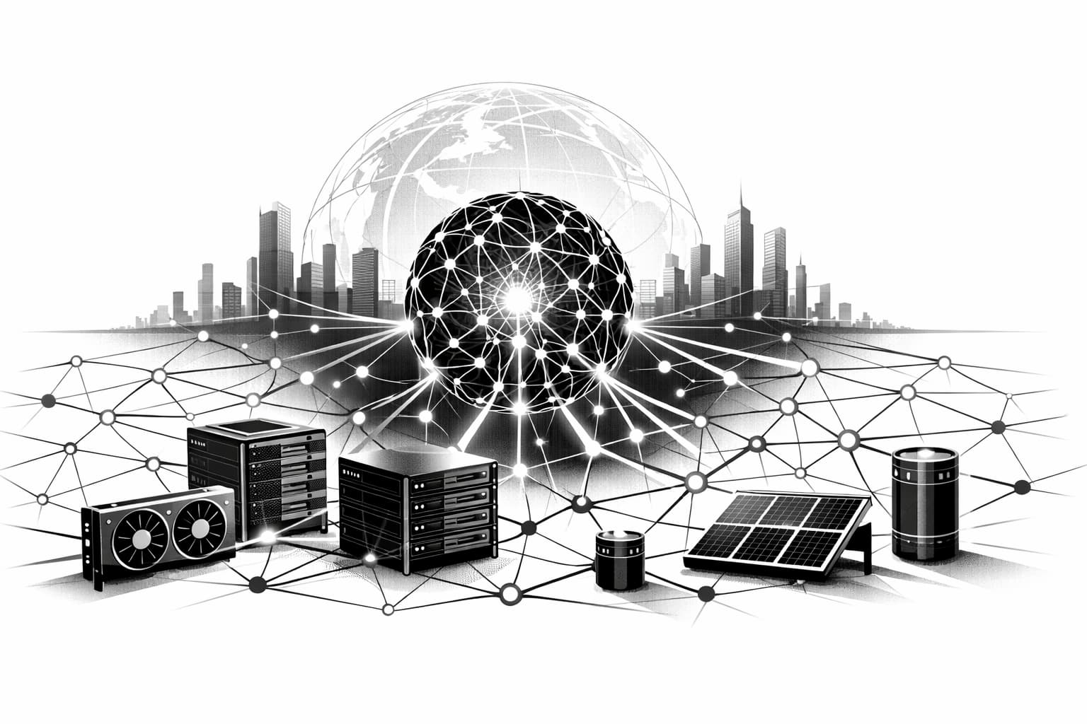 Futuristic mesh network powering an AI core with compute, data, and energy