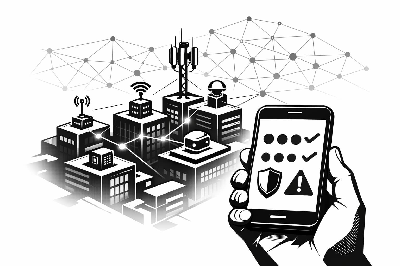 Futuristic DePIN network with connected devices, onchain activity, and risk control icons
