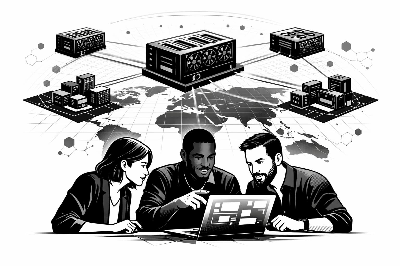 Startup team comparing decentralized GPU networks connected across a global map